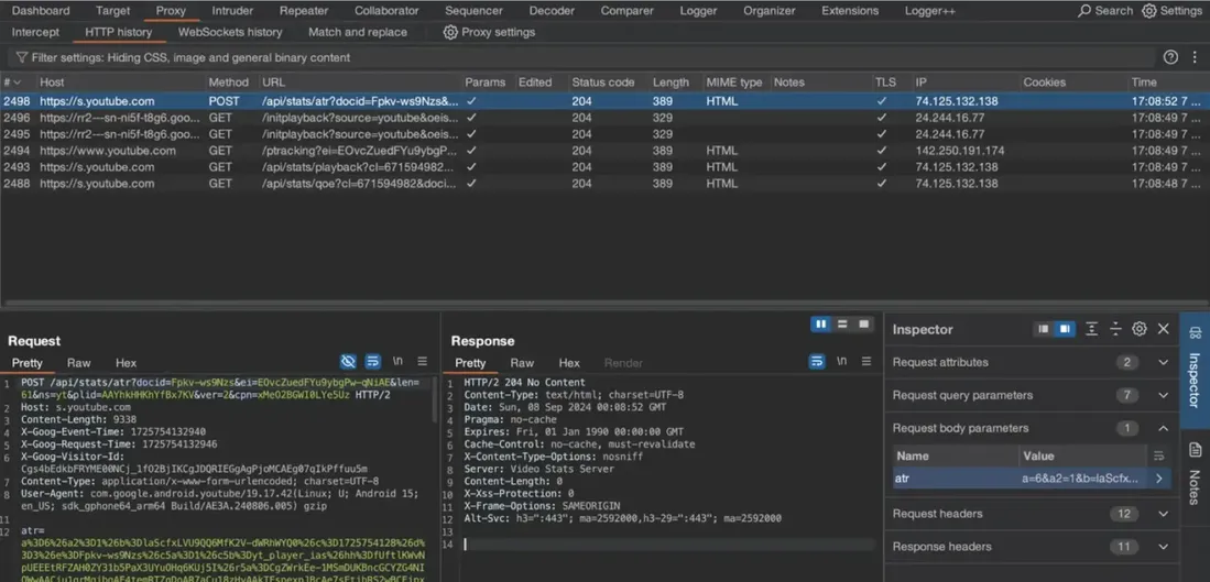 Burp Suite intercepting a web application request
