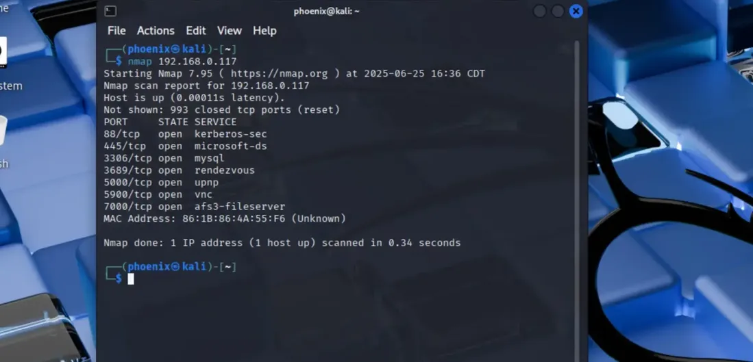 Nmap scan results showing open network ports