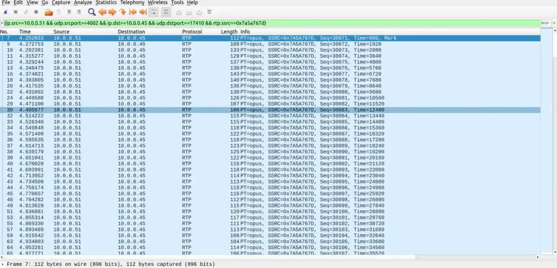 Wireshark packet capture of network traffic